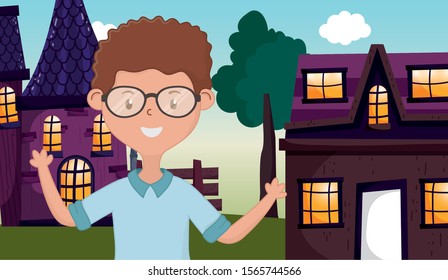 smiling young man standing front country home vector illustration