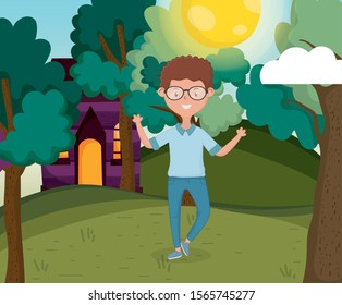 smiling young man standing front country home vector illustration