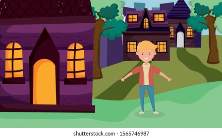 smiling young man standing front country home vector illustration