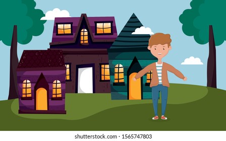 smiling young man standing front country home vector illustration
