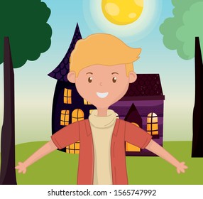 smiling young man standing front country home vector illustration