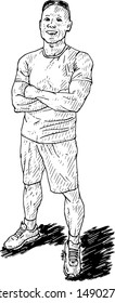 A smiling young man standing with his hand folded. Hand drawn vector illustration. 