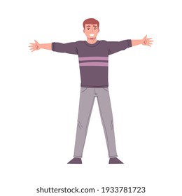 Smiling Young Man Standing with his Arms Outstretched, Welcome, Solidarity, Friendship and Charity Concept Cartoon Style Vector Illustration