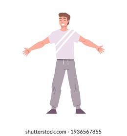 Smiling Young Man Standing with his Arms Outstretched, Welcome Gesture, Solidarity, Friendship, Help and Support Concept Cartoon Style Vector Illustration