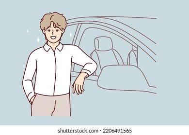 Smiling Young Man Standing Near New Car In Salon. Happy Confident Male Buying Automobile Proud Of Purchase. Vector Illustration. 