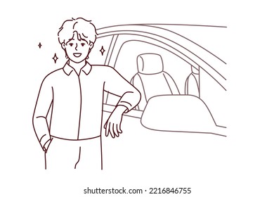 Smiling Young Man Standing Near New Car In Salon. Happy Confident Male Buying Automobile Proud Of Purchase. Vector Illustration. 