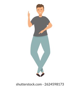 Smiling young man standing on one leg and pointing with his finger while explaining something