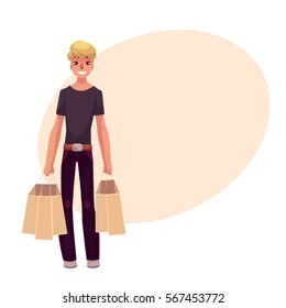 Smiling young man standing with shopping bags, cartoon vector illustration on background with place for text. Full length portrait of young man holding shopping bags, consumerism concept