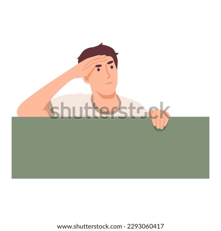 Smiling young man is staring, peeking behind the wall. Cheerful man looks interested and curious. Man pokes his head out of hiding. Flat vector illustration isolated on white background