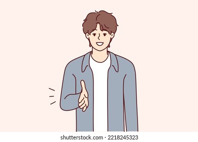 Smiling Young Man Stretch Hand For Shake Getting Acquainted Or Meeting Someone. Happy Guy Handshake At Meeting Closing Deal. Vector Illustration. 