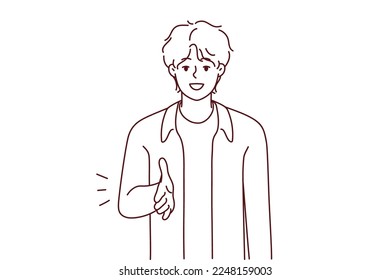 Smiling young man stretch hand for shake getting acquainted or meeting someone. Happy guy handshake at meeting closing deal. Vector illustration. 