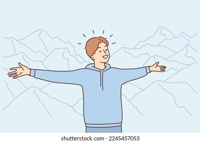 Smiling young man stretch hands hugging mountains excited about nature. Happy guy embrace world satisfied about highland nature. Vector illustration. 