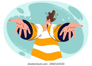 Smiling young man stretch hands to camera for hug. Happy guy excited greeting someone for embrace or cuddle. Vector illustration.