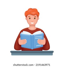 Joven sonriente, estudiante o independiente con libro abierto. 3.ª lectura, estudio o preparación para el examen del personaje masculino. Dibujo vectorial de caricatura realista.
