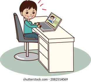 Smiling young man studying online.