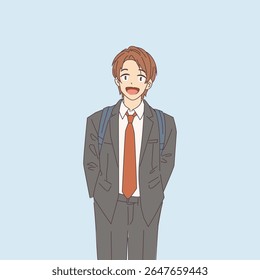 Smiling young man in suit and tie with backpack against light blue background. He looks cheerful and excited, combining professional attire with youthful energy.