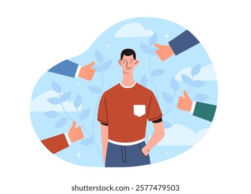 Smiling young man surrounded by multiple thumbs-up gestures on a blue background with leaves and clouds. Represents encouragement and approval. Vector illustration