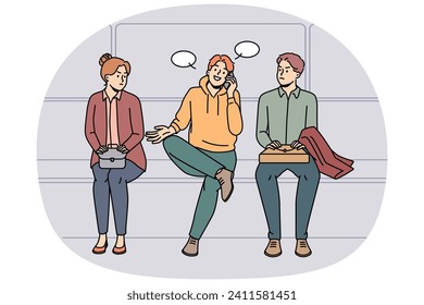 Smiling young man talk loud in line in public place. Happy millennial guy speaking loudly on cellphone in queue. Vector illustration.