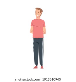Joven sonriente hablando con alguien, hombre hablando o compartiendo impresiones de vectores al estilo de dibujos animados Ilustración