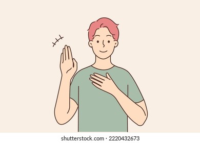 Smiling young man talking using sign language. Happy guy communicate with hand gestures. Alternative communication. Vector illustration. 