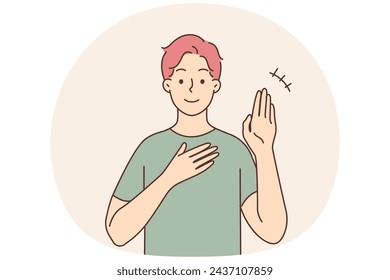 Smiling young man talking using sign language. Happy guy communicate with hand gestures. Alternative communication. Vector illustration.