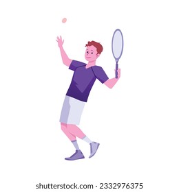 Smiling young man throws tennis ball flat style, vector illustration isolated on white background. Happy tennis player with racquet, sport game and hobby, active lifestyle, decorative design element