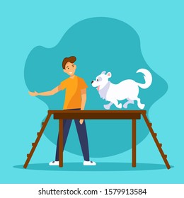 Smiling young man is training his dog. Funny pet walking on dog walk ramp in agility competition or training. Flat vector Illustration in cartoon style.