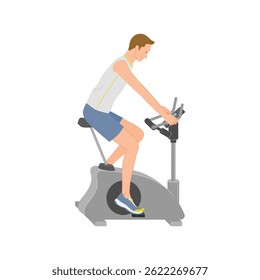 Smiling young man training on a fitness bike in the gym
