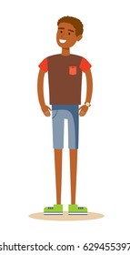 Smiling young man in t-shirt. Portrait Of Happy Young African Man Over White Background. Stock flat vector illustration.
