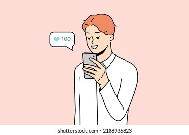 Smiling young man using cellphone collect likes on social media. Happy male look at mobile phone screen get acknowledgment from subscribers. Vector illustration. 