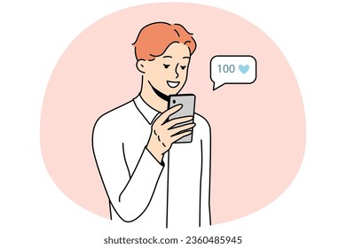 Smiling young man using cellphone collect likes on social media. Happy male look at mobile phone screen get acknowledgment from subscribers. Vector illustration.