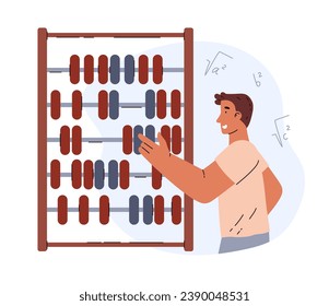 Smiling young man using huge abacus flat style, vector illustration isolated on white background. Mathematician boy, decorative design element, science and calculations