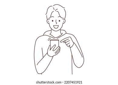 Smiling young man using modern cellphone browsing internet on gadget. Happy guy with smartphone text online. Device and technology. Vector illustration. 