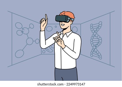 Smiling young man in VR glasses explore chemical elements. Happy male researcher or scientists in virtual reality headset discover chemistry. Vector illustration. 