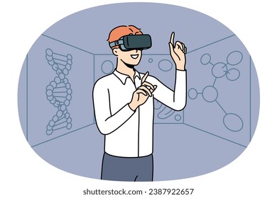 Smiling young man in VR glasses explore chemical elements. Happy male researcher or scientists in virtual reality headset discover chemistry. Vector illustration.