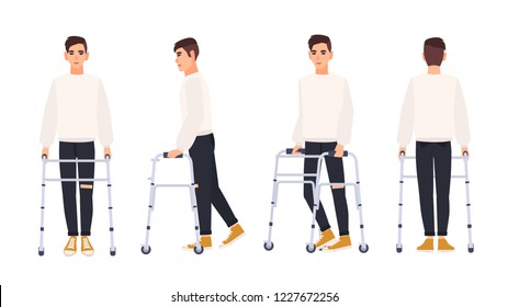 Smiling young man with walking frame or walker isolated on white background. Male character with physical disability or impairment. Front, side, back views. Vector illustration in flat cartoon style.