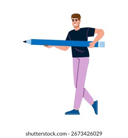 Smiling young man walking while holding a large blue pencil, embodying creativity and inspiration in writing and education, set against a clean white background