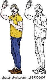 A smiling young man waving goodbye. Hand drawn vector illustration.