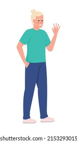 Joven sonriente ondeando un personaje vectorial de color semiplano. Figura permanente. Persona de cuerpo entero sobre blanco. Saludo simple ilustración de estilo de dibujos animados para diseño gráfico web y animación