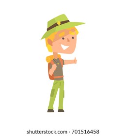 Smiling young man wearing comfy travel outfit with backpack standing with a sign hitchhiking, travelling by autostop cartoon vector Illustration