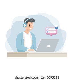 A smiling young man wearing headphones chatting online through his laptop. Cartoon-style vector illustration of a person working or socializing via digital communication.
