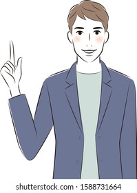 Smiling young man wearing a jacket  pointing finger. 