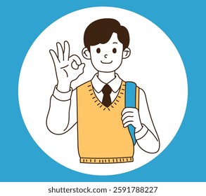 Smiling young man wearing a school bag and showing an OK hand sign, minimal line art vector illustration.