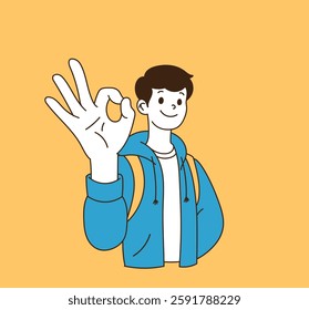 Smiling young man wearing a school bag and showing an OK hand sign, minimal line art vector illustration.