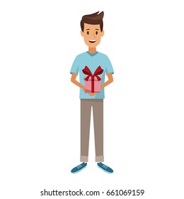 smiling young man wearing in shirt holding in hands gift box with large ribbon