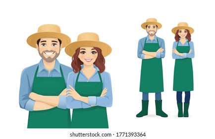 Smiling young man and woman in apron and straw hat standing isolated vector illustration