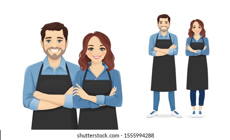 Smiling young man and woman in black aprons standing isolated vector illustration