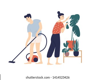 Smiling young man and woman cleaning house together. Boy vacuuming floor at home and girl taking care of plant. Everyday activity of cute funny romantic couple. Flat cartoon vector illustration.