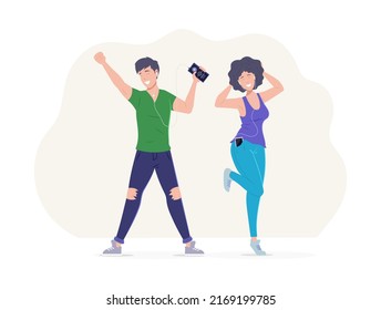 Smiling young man and woman enjoying music wearing earphones. Happy guy and girl wearing stylish casual outfit listening to music using smartphone and dancing flat vector