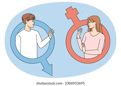 Smiling young man and woman in gender symbols talk flirt with each other. Happy guy and girl enjoy communication. Dating and relationships. Gender equality. Vector illustration.